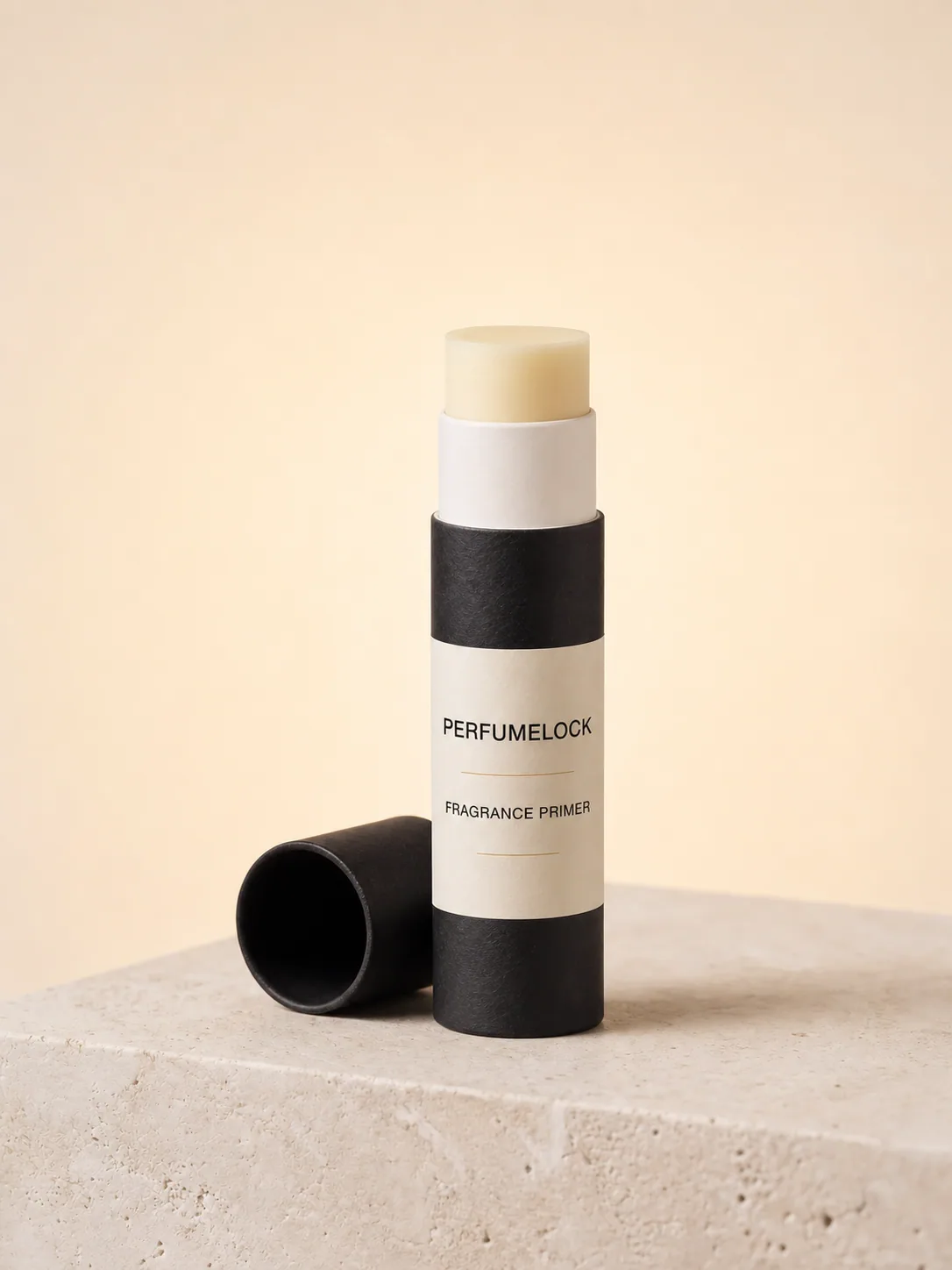Open PerfumeLock paperboard stick on a stone plinth