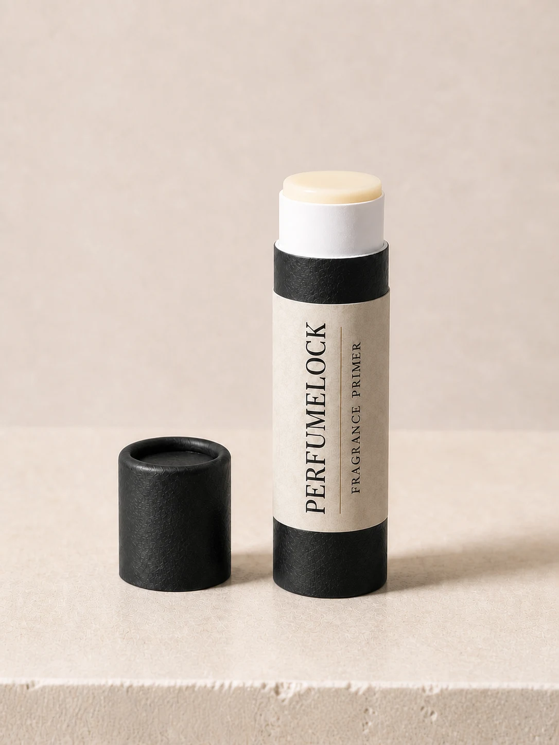 Open PerfumeLock paperboard stick on a stone plinth
