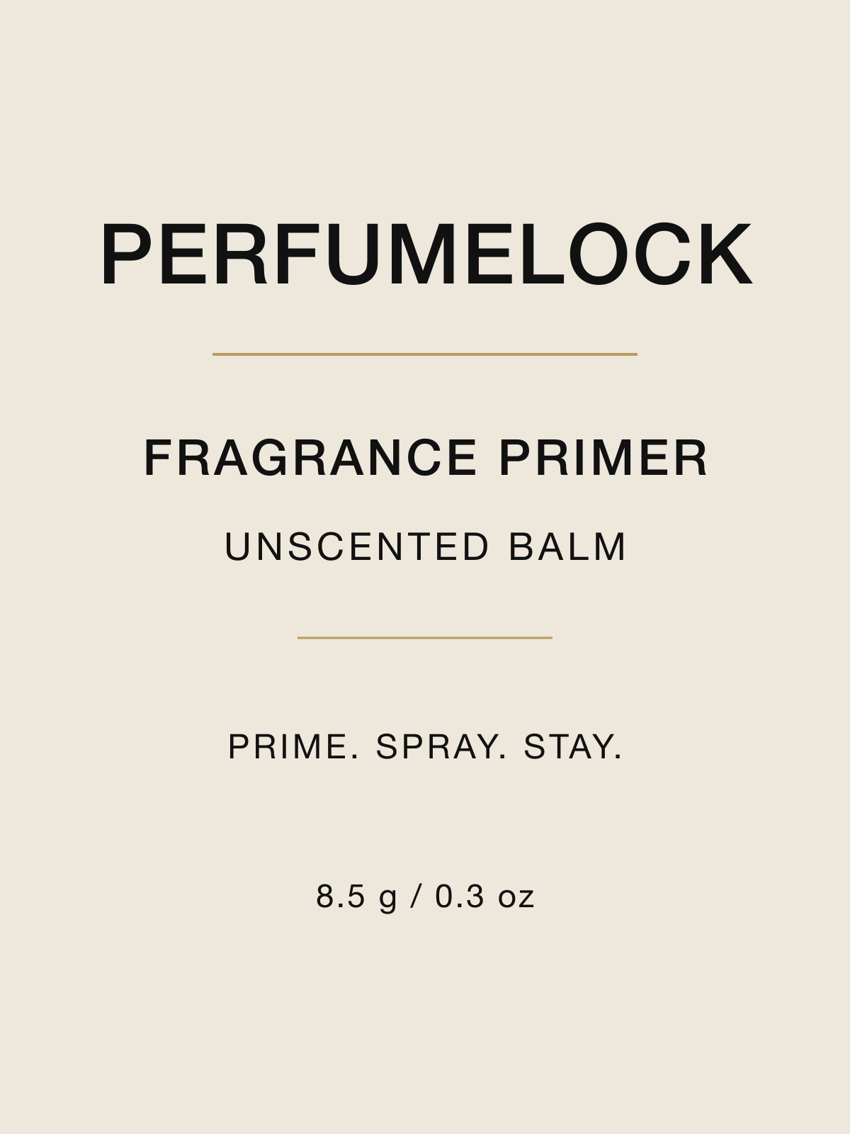 The PerfumeLock label: wordmark, gold hairlines and the words Prime. Spray. Stay.